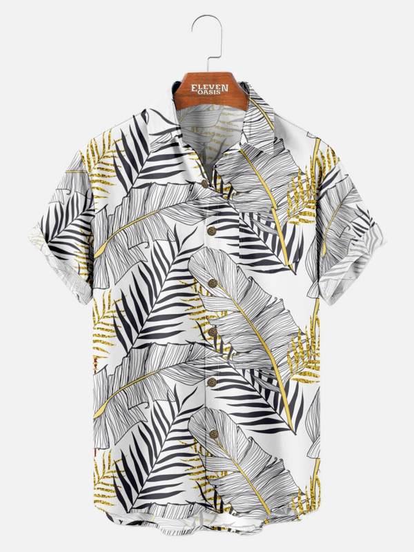 Men's Hawaiian Shirt - Golden White Leaf Foliage Print Polyester Summer Shirt