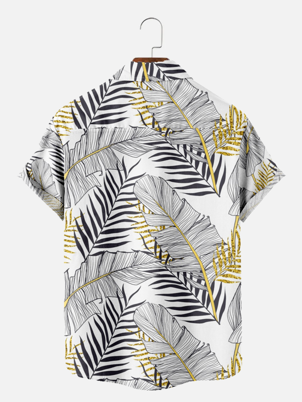 Men's Hawaiian Shirt - Golden White Leaf Foliage Print Polyester Summer Shirt - Image 2