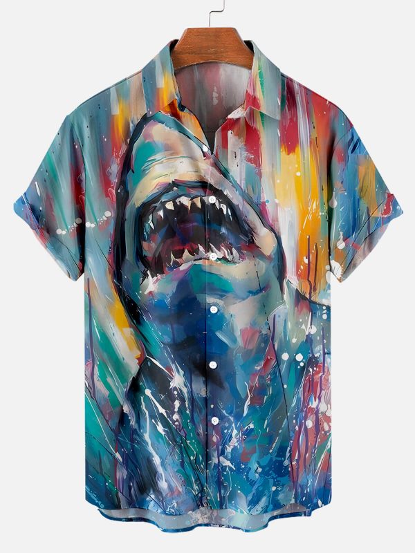 Men's Hawaiian Shirt - Shark Oil Painting Pattern Ocean-Inspired Polyester Summer Shirt
