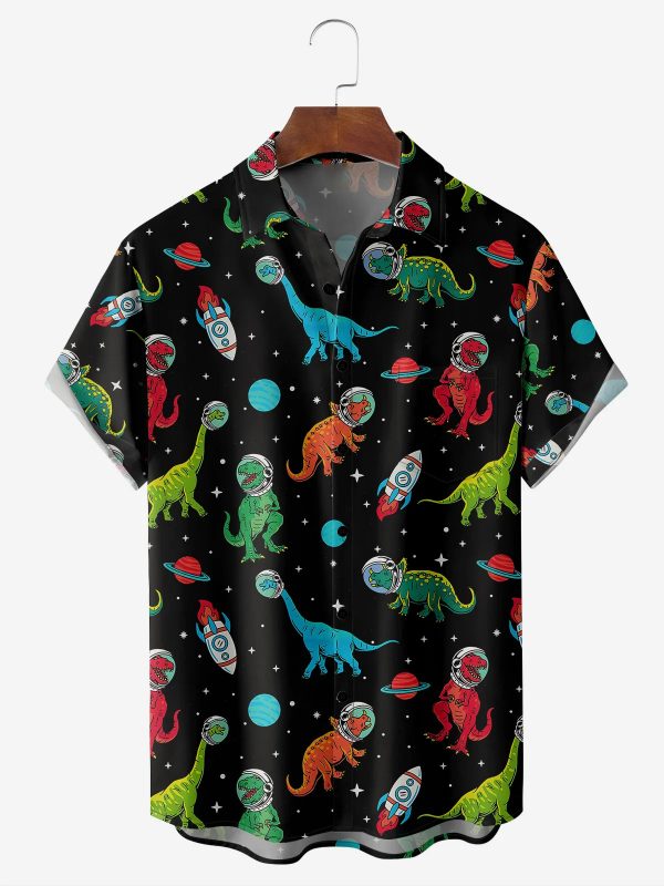 Men's Hawaiian Shirt - Space Dinosaur Galaxy Print Polyester Quirky Casual Summer Shirt