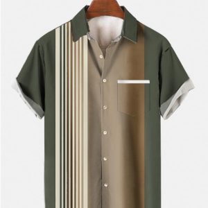 Men's Hawaiian Shirt -  Army Green Color-Block Vintage Style Summer Shirt