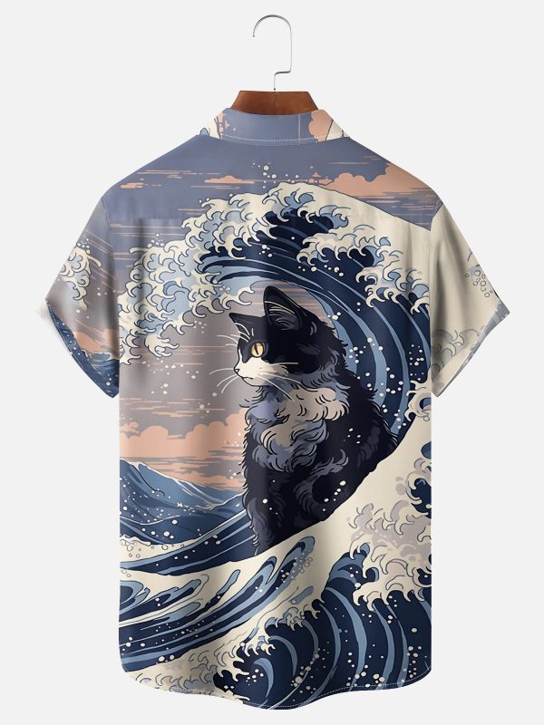 Men's Hawaiian Shirt - Japanese Ocean Wave and Cat Art Print Polyester Casual Summer Shirt - Image 2