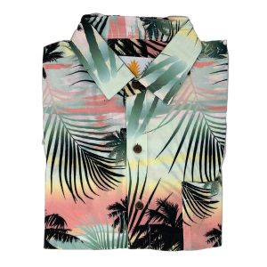 Men's Hawaiian Shirt - Sunset Palms Print Polyester Tropical Summer Shirt