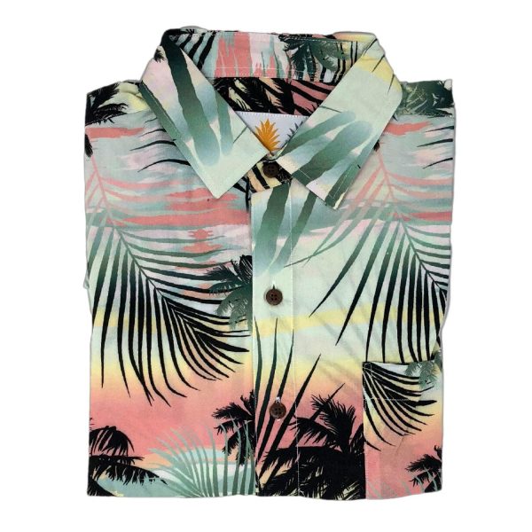 Men's Hawaiian Shirt - Sunset Palms Print Polyester Tropical Summer Shirt