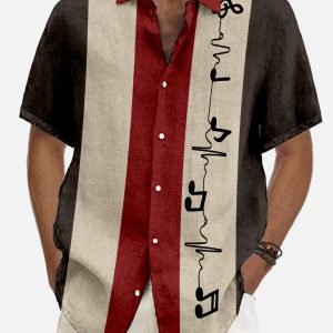 Men's Hawaiian Shirt - Geometric Stripes Music Bowling Style Polyester Casual Summer Shirt