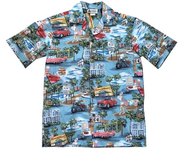 Men's Hawaiian Shirt - Route 66 Memories Print Polyester Casual Summer Shirt