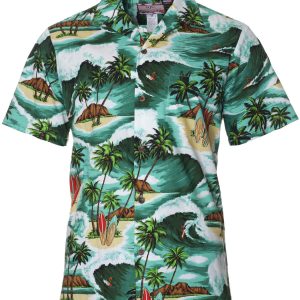 Men's Hawaiian Shirt - Surf Pipeline Polyester Aloha Print Casual Summer Shirt