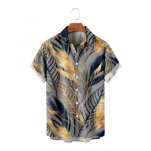 Men's Hawaiian Shirt - Golden Leaf Print Polyester Tropical Summer Shirt
