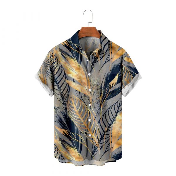 Men's Hawaiian Shirt - Golden Leaf Print Polyester Tropical Summer Shirt
