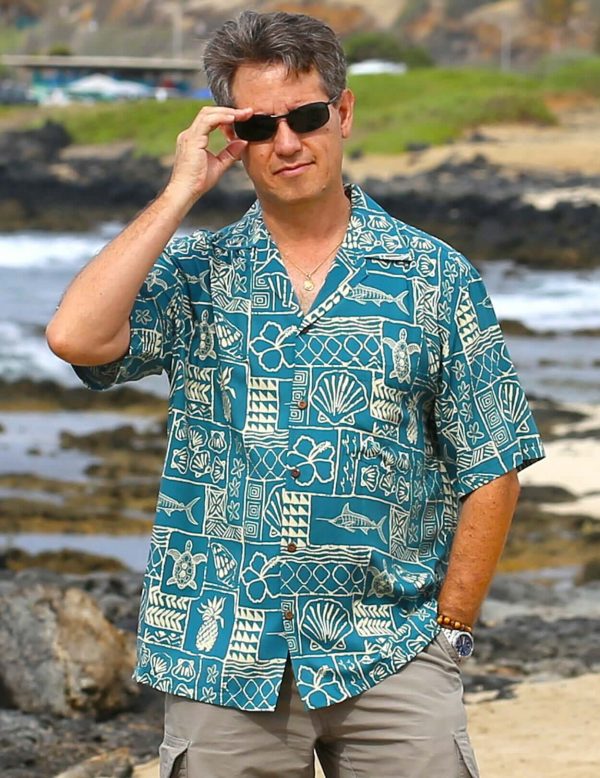 Men's Hawaiian Shirt - Kona Resort Tapa Polyester Aloha Print Casual Shirt