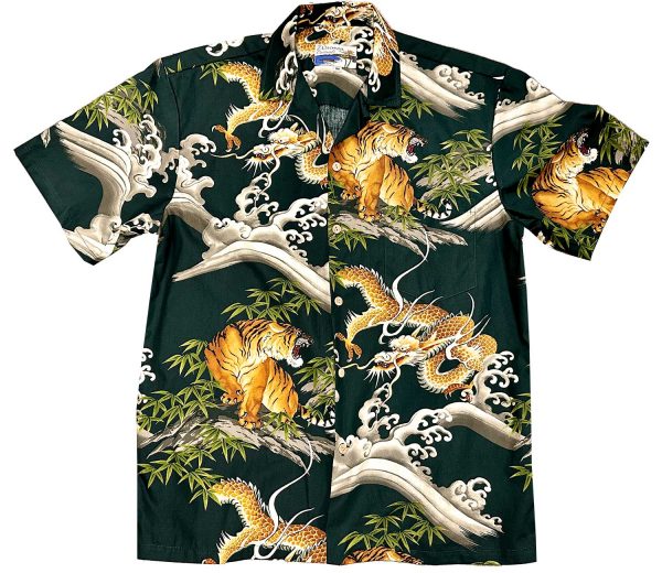 Men's Hawaiian Shirt - Dragons & Tigers Green Print Polyester Casual Summer Shirt