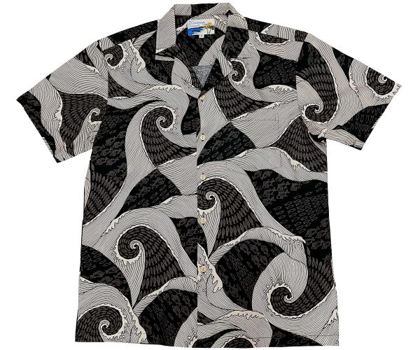 Men's Hawaiian Shirt - Waves Black Print Polyester Casual Summer Shirt