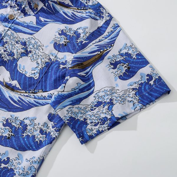 The Great Wave Hawaiian Shirt for Men - Blue Short Sleeve Button-Down Aloha Shirt for Casual Beach, Travel and Vacation Wear - Image 3