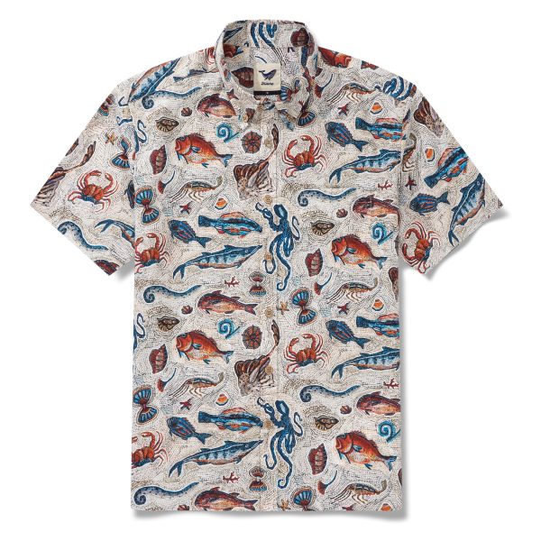 Men's Hawaiian Shirt - Beige Aloha Seaside Mosaic Print Button-Down Short Sleeve Aloha Shirt for Casual Beach, Travel and Vacation Wear - Image 2