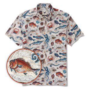 Men's Hawaiian Shirt - Beige Aloha Seaside Mosaic Print Button-Down Short Sleeve Aloha Shirt for Casual Beach, Travel and Vacation Wear