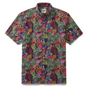 1950s Hawaiian Shirt for Men with Josephine George Plants Print ? Floral Button-Down Short Sleeve Shirt for Casual Beach and Travel Wear