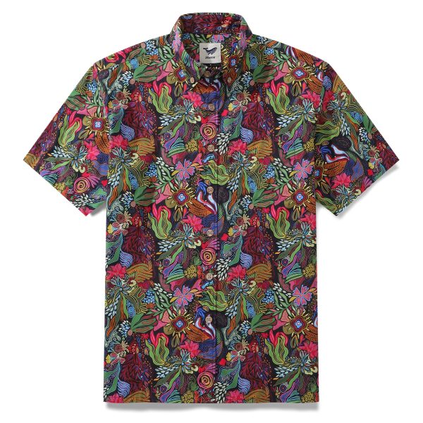 1950s Hawaiian Shirt for Men with Josephine George Plants Print ? Floral Button-Down Short Sleeve Shirt for Casual Beach and Travel Wear