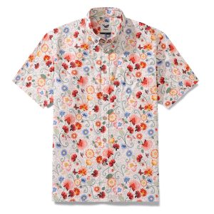 Hawaiian Shirt for Men - 1960s Vintage Flower Print Button-Down Short Sleeve Aloha Shirt for Casual Beach, Travel and Vacation Wear