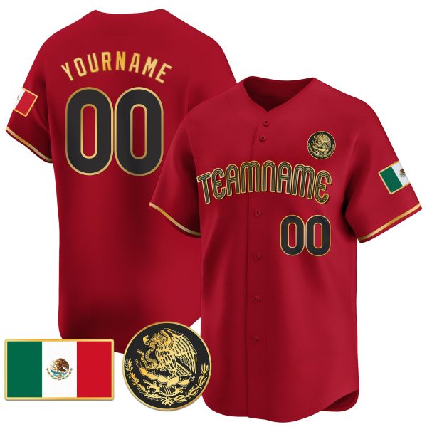Red Mexico Gold - Black Eagle Patch Personalized Baseball Jersey