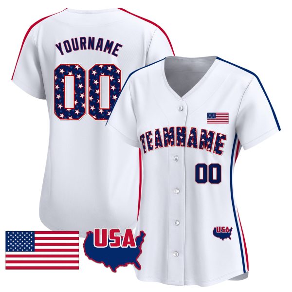 White Royal - Red Star & Stripes Pattern Personalized Baseball Jersey - Image 2