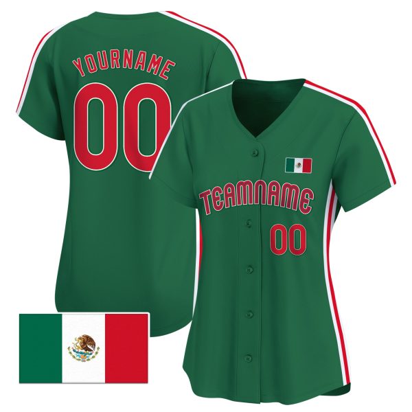 Green Red - White Mexican Flag Stripes Personalized Baseball Jersey - Image 2
