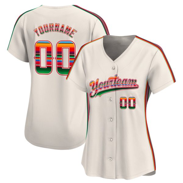 Cream Green - Red Mexico Serape Pattern Personalized Baseball Jersey - Image 2