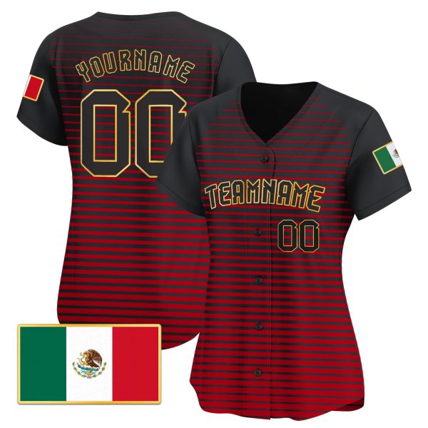 Green Black Red Gold -Black Mexico Horizontal Line Pattern Personalized Baseball Jersey - Image 2