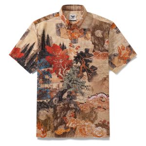 Cloudy Mountain and Red Tree Print Hawaiian Shirt for Men - Short Sleeve Button-Down Shirt for Casual Beach and Travel Wear
