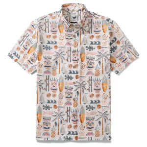 Fashion Hawaiian Shirt for Men - Tiki Beach by House of Haricot Button-Down Short Sleeve Aloha Shirt for Casual Beach, Travel and Vacation Wear