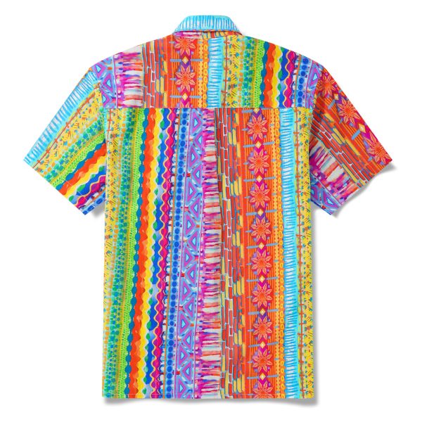 Hawaiian Shirt for Men - Striped Short Sleeve Button-Down Aloha Shirt with Geometric Dimensions in Red - Image 2