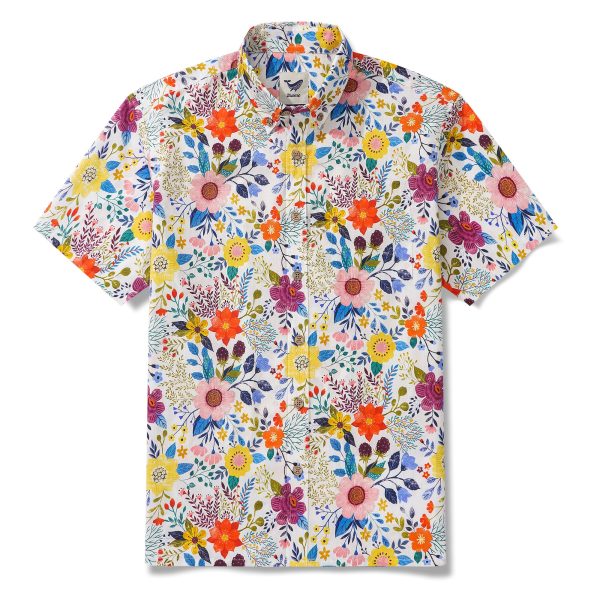 Hawaiian Shirt for Men with Aloha Floral Bookmark Print - Beige Short Sleeve Button-Down Shirt for Casual Beach and Travel Wear - Image 2