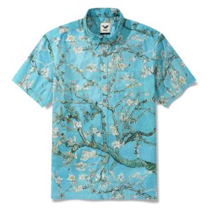 Hawaiian Shirt for Men - Green Aloha Blossoming Almond Button-Down Short Sleeve Shirt for Casual Beach, Travel and Vacation Wear