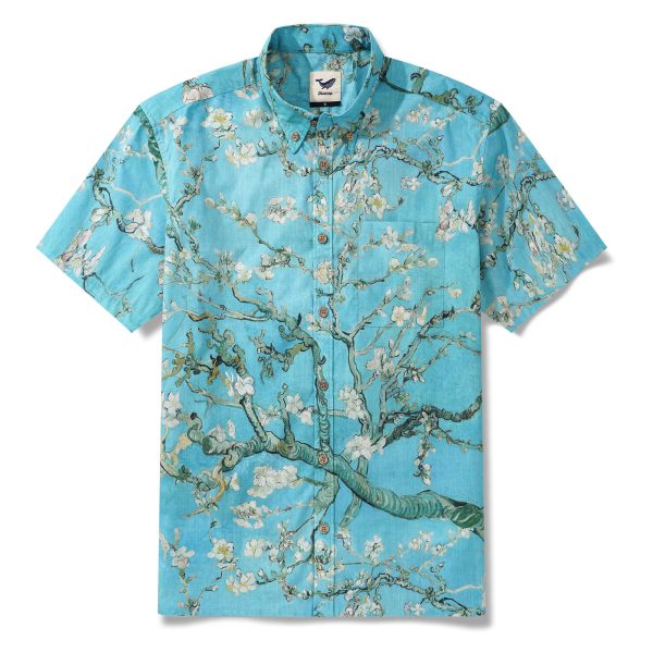 Hawaiian Shirt for Men - Green Aloha Blossoming Almond Button-Down Short Sleeve Shirt for Casual Beach, Travel and Vacation Wear