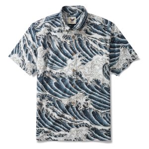 Hawaiian Shirt for Men - Dark Night Surfing Beige Button-Down Short Sleeve Aloha Shirt for Casual Beach, Travel and Vacation Wear