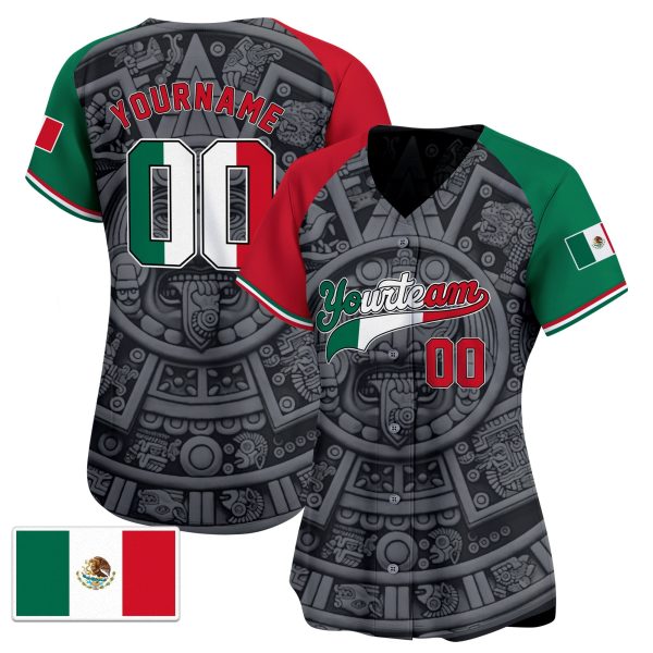 3D Black Alternate Red- White Aztec Mexico Pattern Personalized Baseball Jersey - Image 2