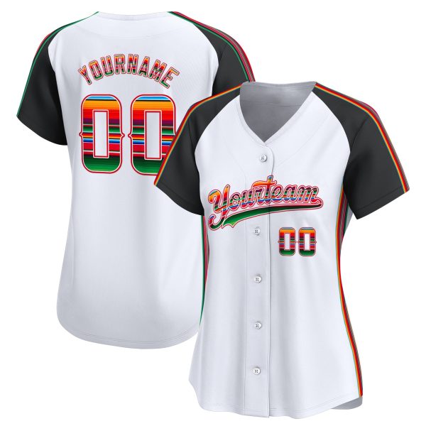 White Alternate Green - Red Mexico Serape Pattern Personalized Baseball Jersey - Image 2