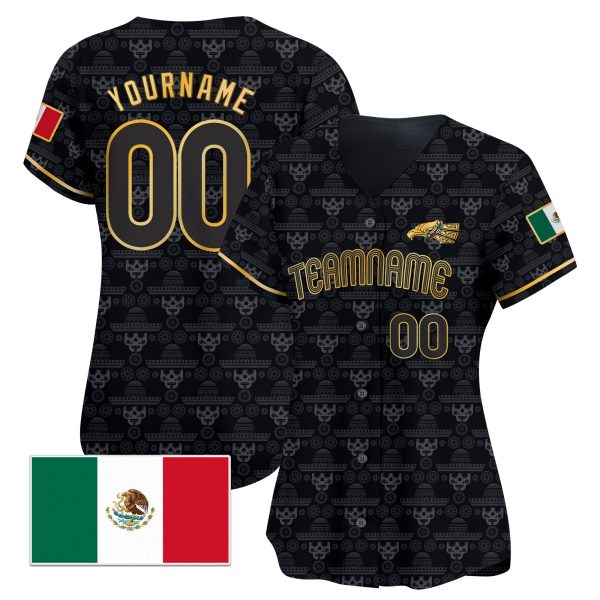 Black Gold - Black Mexico Gold Sugar Skull Pattern Personalized Baseball Jersey - Image 2