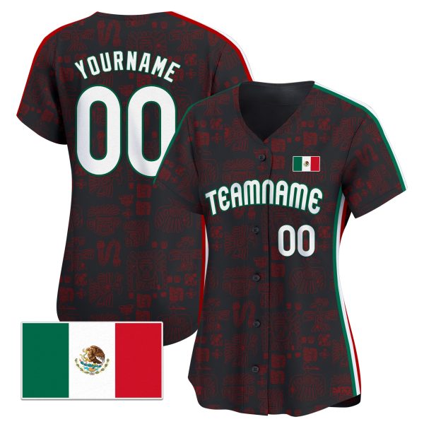 Black Green- White Mexico Stripes - Aztec Pattern Personalized Baseball Jersey - Image 2