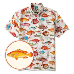 Hawaiian Shirt for Men - Tropical Fish Print Button-Down Short Sleeve Aloha Shirt in Beige for Casual Beach, Travel and Vacation Wear