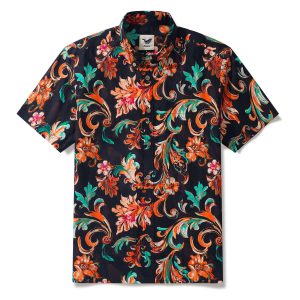 Hawaiian Shirt for Men - Brown Aloha Fiery Blossoms Print Button-Down Short Sleeve Aloha Shirt for Casual Beach, Travel and Vacation Wear