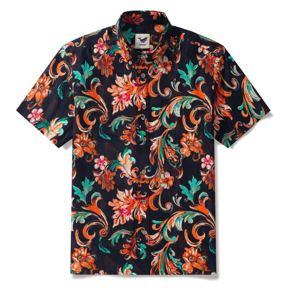 Hawaiian Shirt for Men - Brown Aloha Fiery Blossoms Print Button-Down Short Sleeve Aloha Shirt for Casual Beach, Travel and Vacation Wear