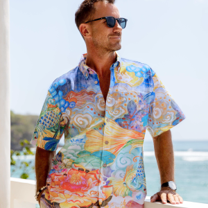 Men's Designer Hawaiian Shirt - Cloud-Wandering Koi Print Blue Button-Down Short Sleeve Aloha Shirt for Casual Beach, Travel and Vacation Wear