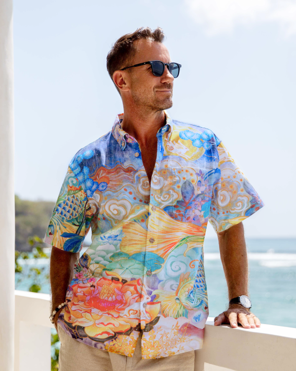 Men's Designer Hawaiian Shirt - Cloud-Wandering Koi Print Blue Button-Down Short Sleeve Aloha Shirt for Casual Beach, Travel and Vacation Wear