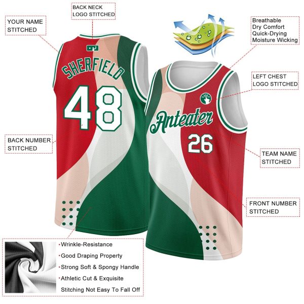 Red White Kelly Green 3D Mexico Authentic Personalized Basketball Jersey - Image 2