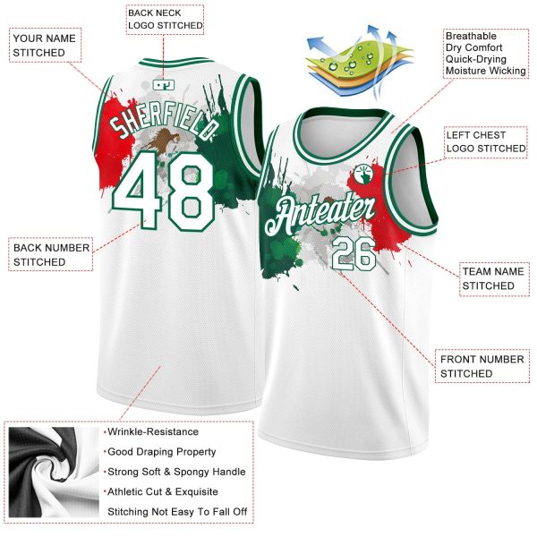 White Kelly Green-Red 3D Mexico Splashes - Personalized Basketball Jersey - Image 2