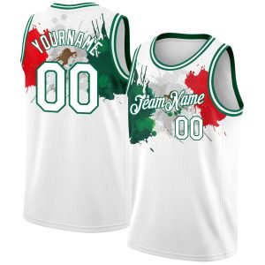 White Kelly Green-Red 3D Mexico Splashes - Personalized Basketball Jersey