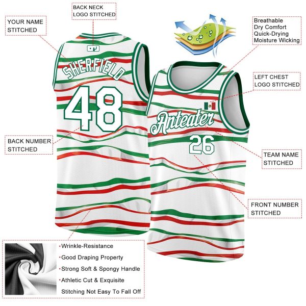 White Kelly Green-Red 3D Mexican Flag Authentic Personalized Basketball Jersey - Image 2