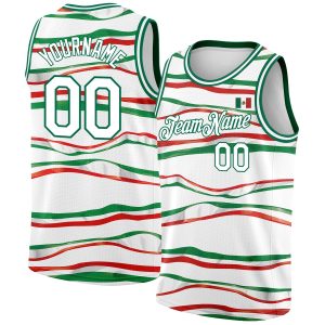 White Kelly Green-Red 3D Mexican Flag Authentic Personalized Basketball Jersey