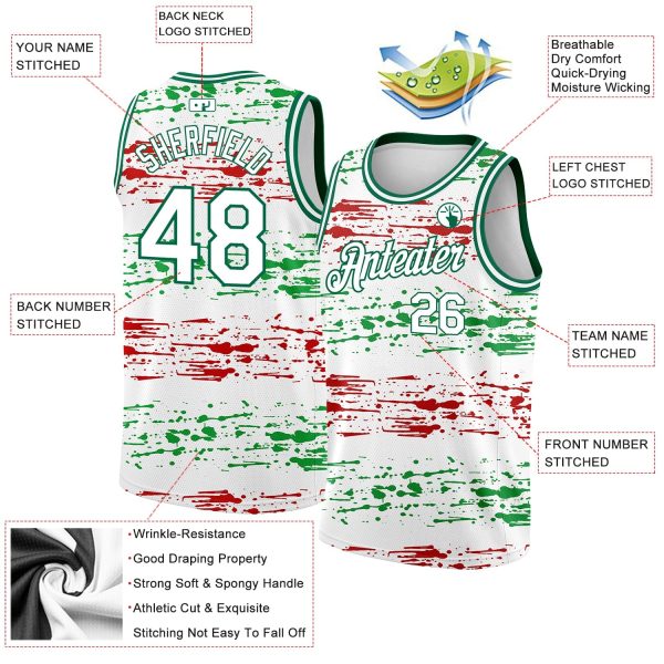White Kelly Green-Red 3D Mexico Authentic Personalized Basketball Jersey - Image 2