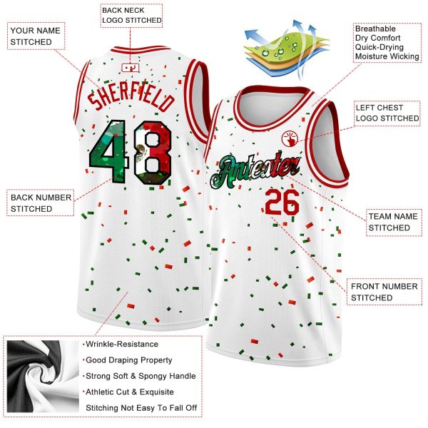 White Red Kelly Green - Black 3D Mexican Flag  Authentic Personalized Basketball Jersey - Image 2